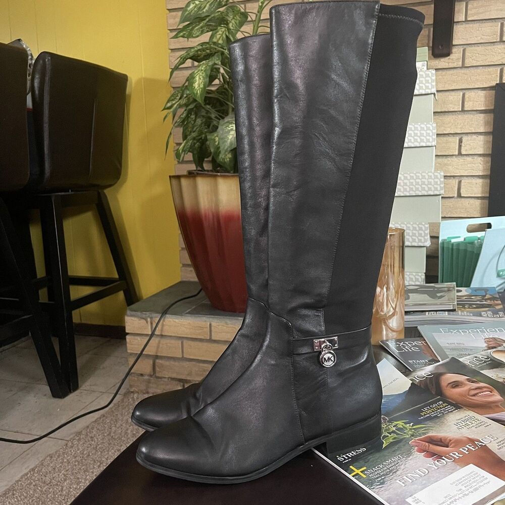 Michael Kors Black Riding Boot with Silver Hardware Classic Lock Logo Size 11